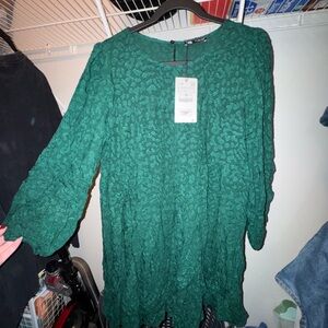 Emerald Green Cheetah Textured Long Sleeve Dress